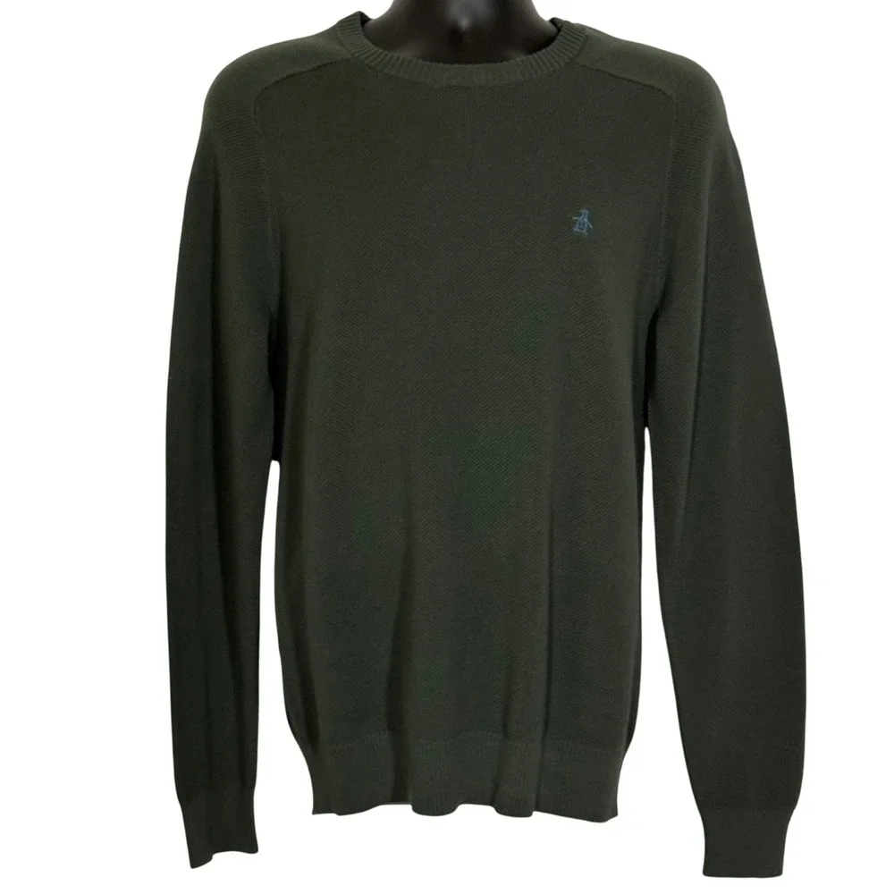 Original Penguin Men's Deep Forest Green Cotton Textured Crew Neck Sweater